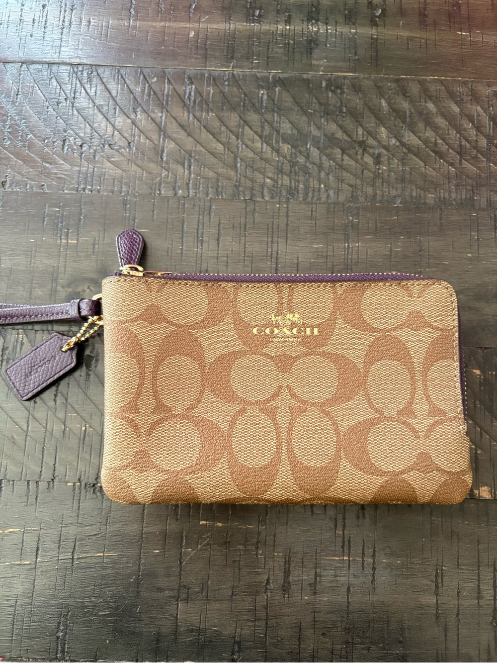 Coach Signature Double Zip Canvas Brown and Purple Wristlet 6.25x4.25”